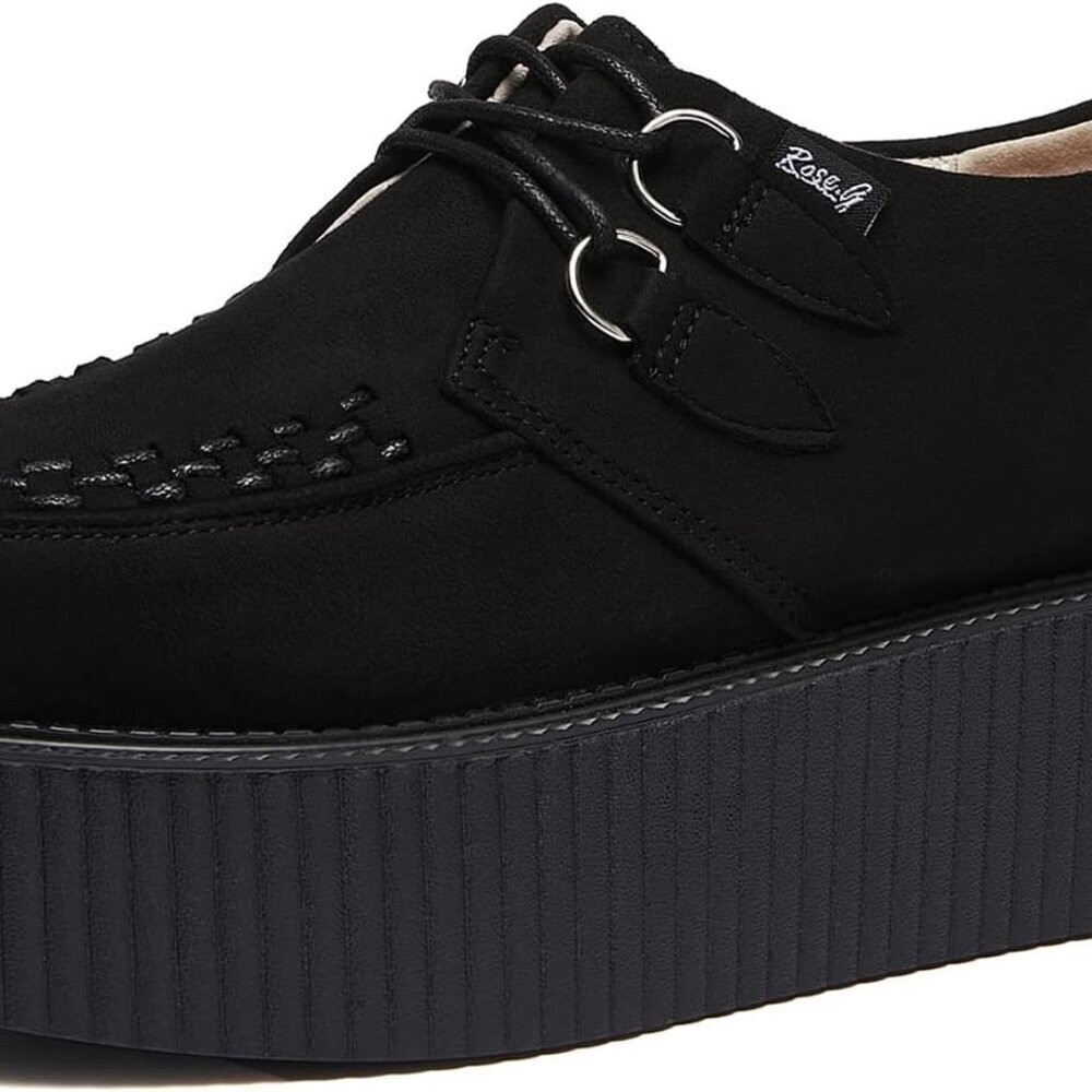 Women's Suede Lace Up Flat Platform Creepers Shoes Black Size 8